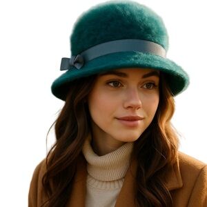 Kangol Design Green Furry Buckle Bucket Hat Mohair England Classic